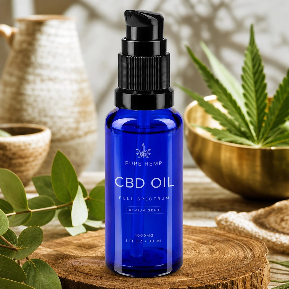Botella de farmacia azul 30ml tapón pulverizador negro estándar Frasco de cristal azul oscuro de 30 ml con dosificador de bomba negro sobre un disco de madera con decoración natural