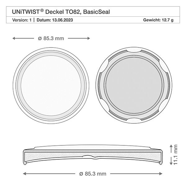 Tarro de cristal de 230 ml + tapa BasicSeal panal UNiTWIST Dibujo técnico de la tapa blanca BioSeal T082 de 85,3 mm de diámetro y 11,1 mm de altura