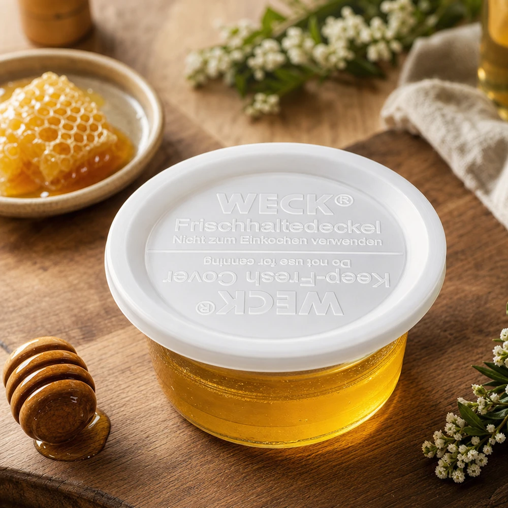 WECK keep-fresh tapa RR120 con miel y panal sobre tabla de madera almacenamiento natural de alimentos