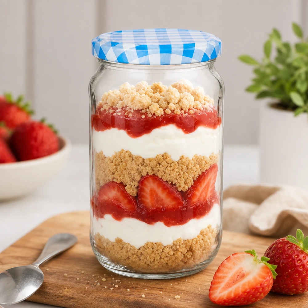 Tarro de postre redondo de 1062 ml con postre en capas de fresa y nata, tapa BasicSeal a cuadros azules y blancos