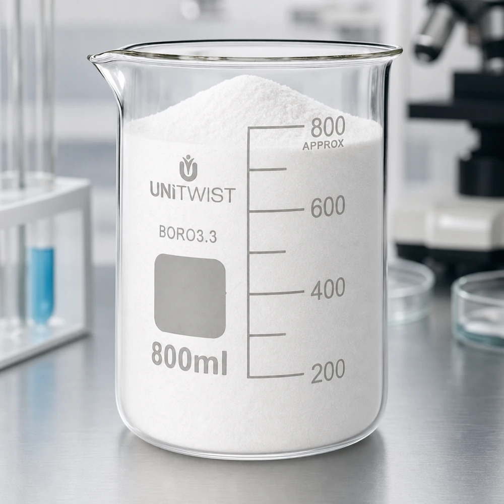 Vaso de precipitados UNiTWIST de 800 ml, de borosilicato, de perfil bajo, lleno de polvo blanco en el laboratorio