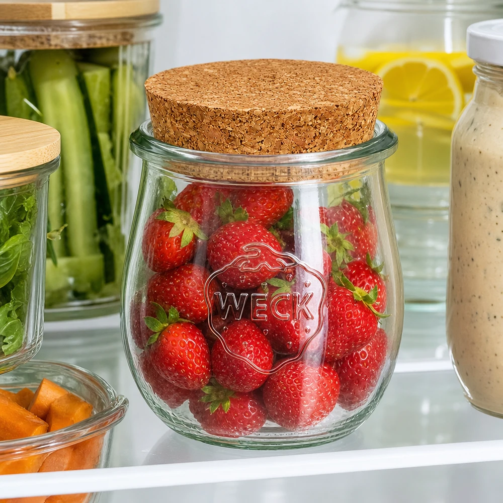 Tarro tulipán WECK de 220 ml con tapa de corcho para guardar fresas frescas en el frigorífico entre otros tarros de conservación
