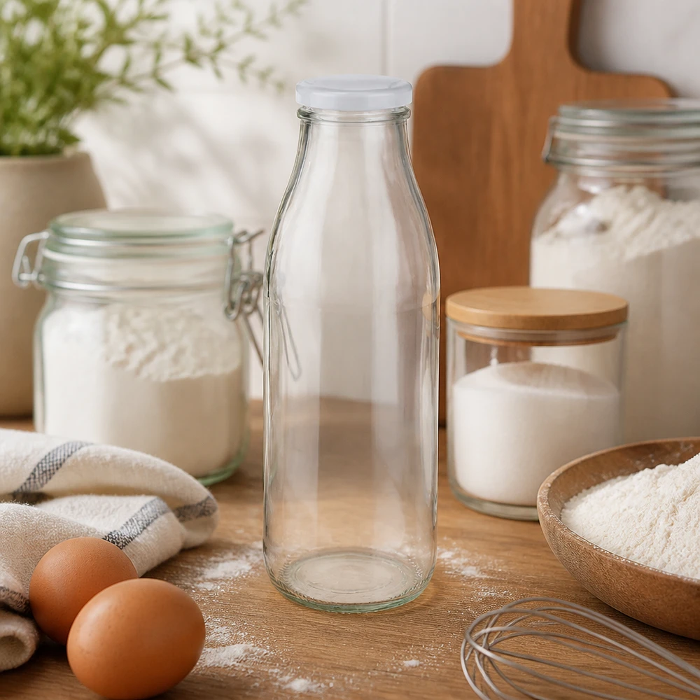Botella de cristal de 500 ml + tapa BasicSeal blanca UNiTWIST Botella de cristal de 500ml BasicSeal blanco en la cocina con ingredientes de panadería harina huevos y utensilios de cocina ambiente de panadería