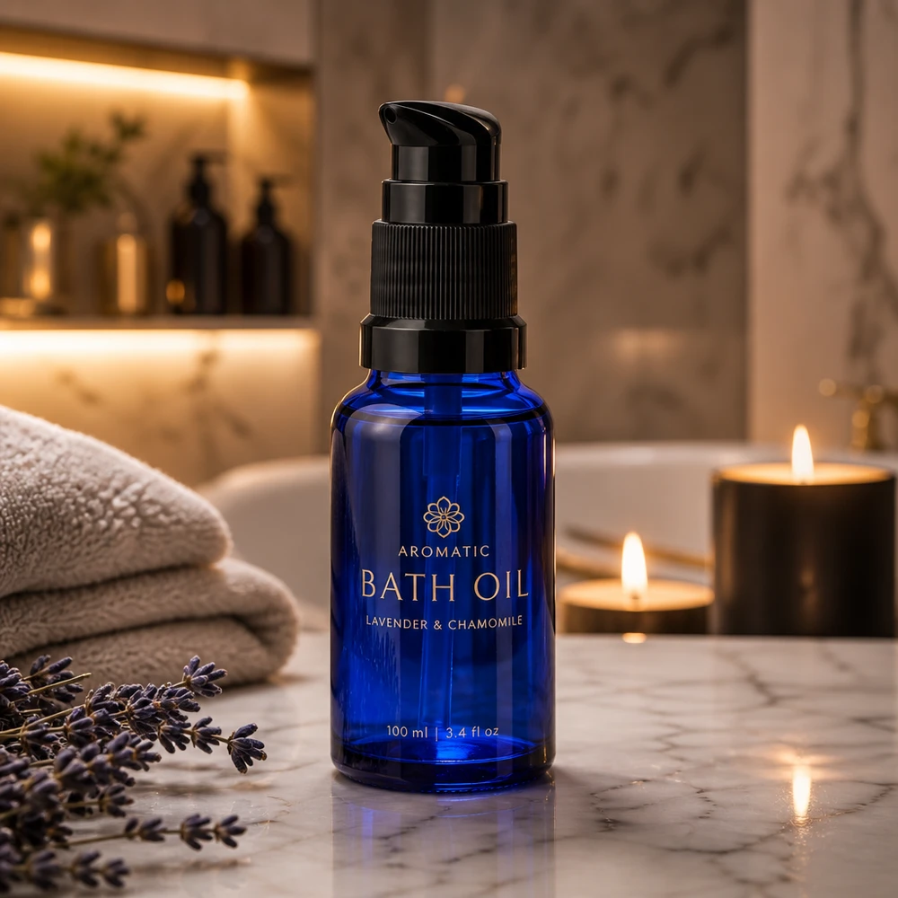 Botella de farmacia azul 10ml tapa de la bomba negro estándar Frasco de farmacia azul de 10 ml con dosificador de color negro, en un elegante ambiente de baño