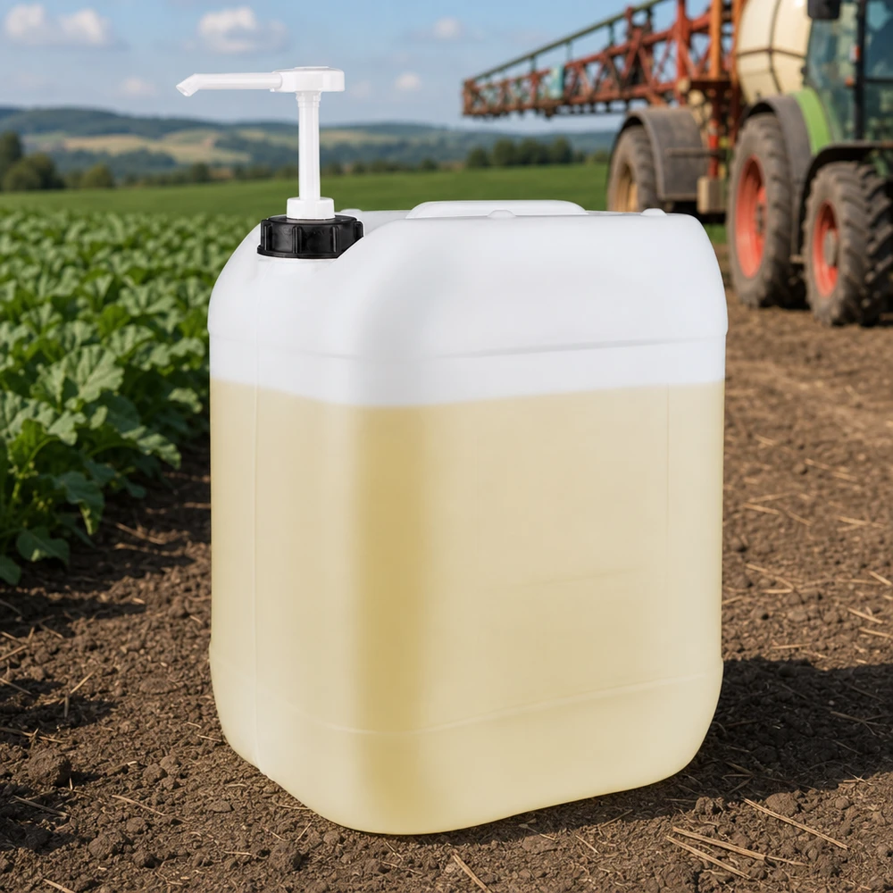 Bidón 20 litros con bomba dosificadora Bidón agrícola de 20 litros con bomba dosificadora en un campo de cultivo, delante de un tractor con pulverizador agrícola