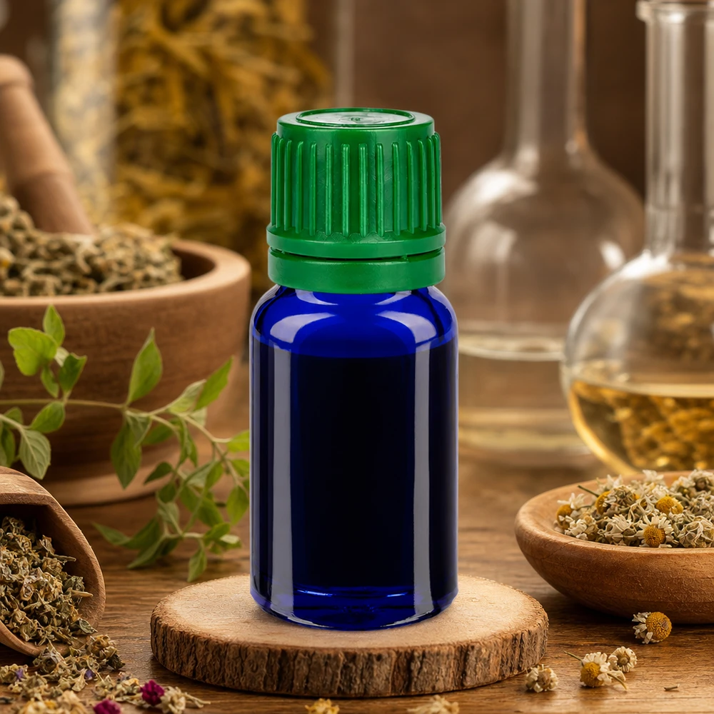 Frasco de vidrio de 10 ml de alta calidad en elegante azul cobalto con robusta tapa verde para uso en laboratorio