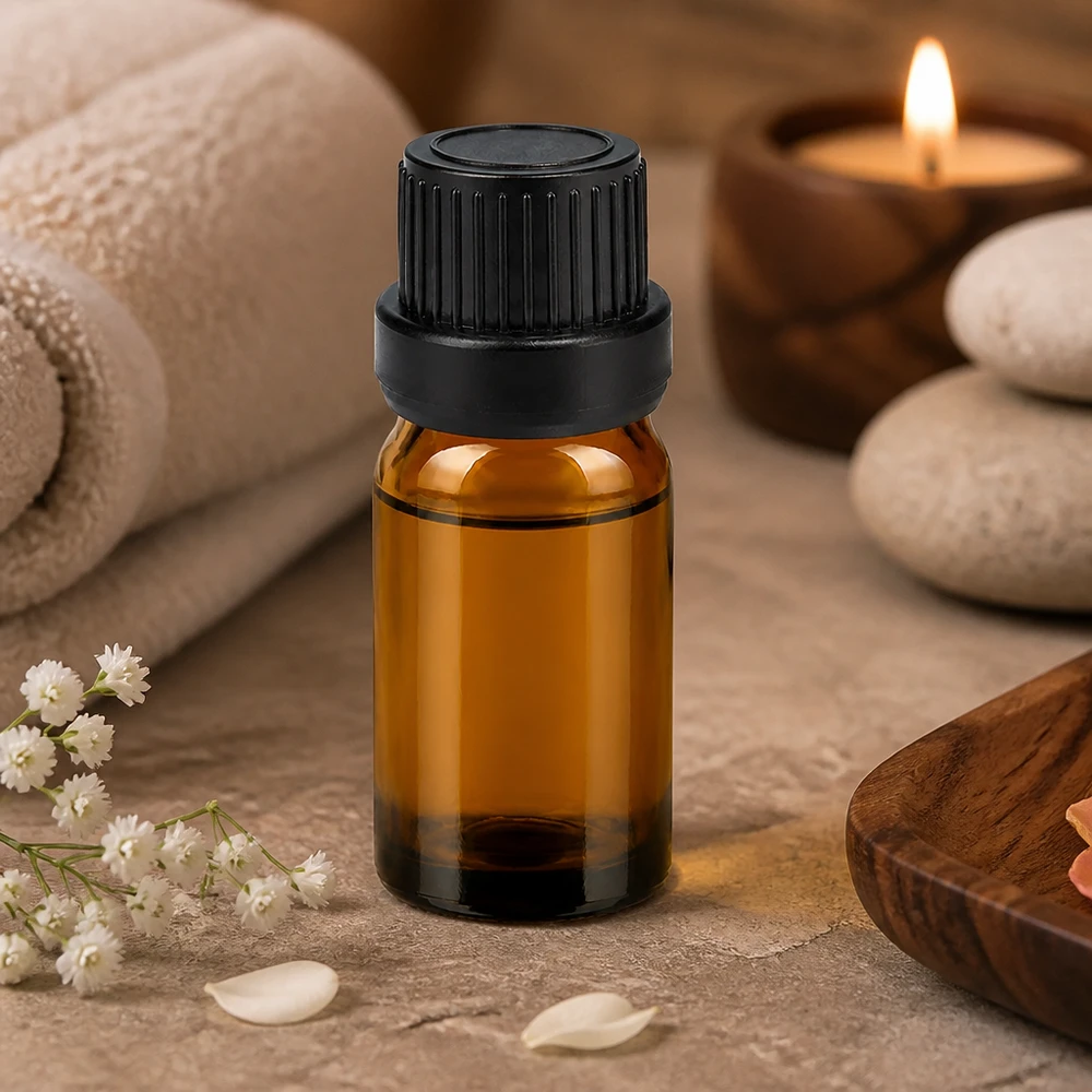 Pequeño frasco cuentagotas de 5 ml de vidrio marrón con tapón negro para aromaterapia y bienestar