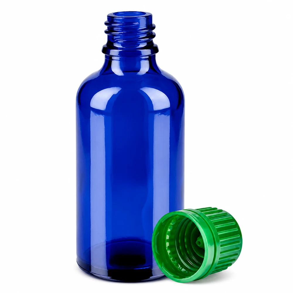 Botella 50ml tapón rosca 11mm verde cierre inviolable BlueLine UT18/50 Frasco cuentagotas de 50 ml de vidrio azul con tapón verde para una dosificación precisa