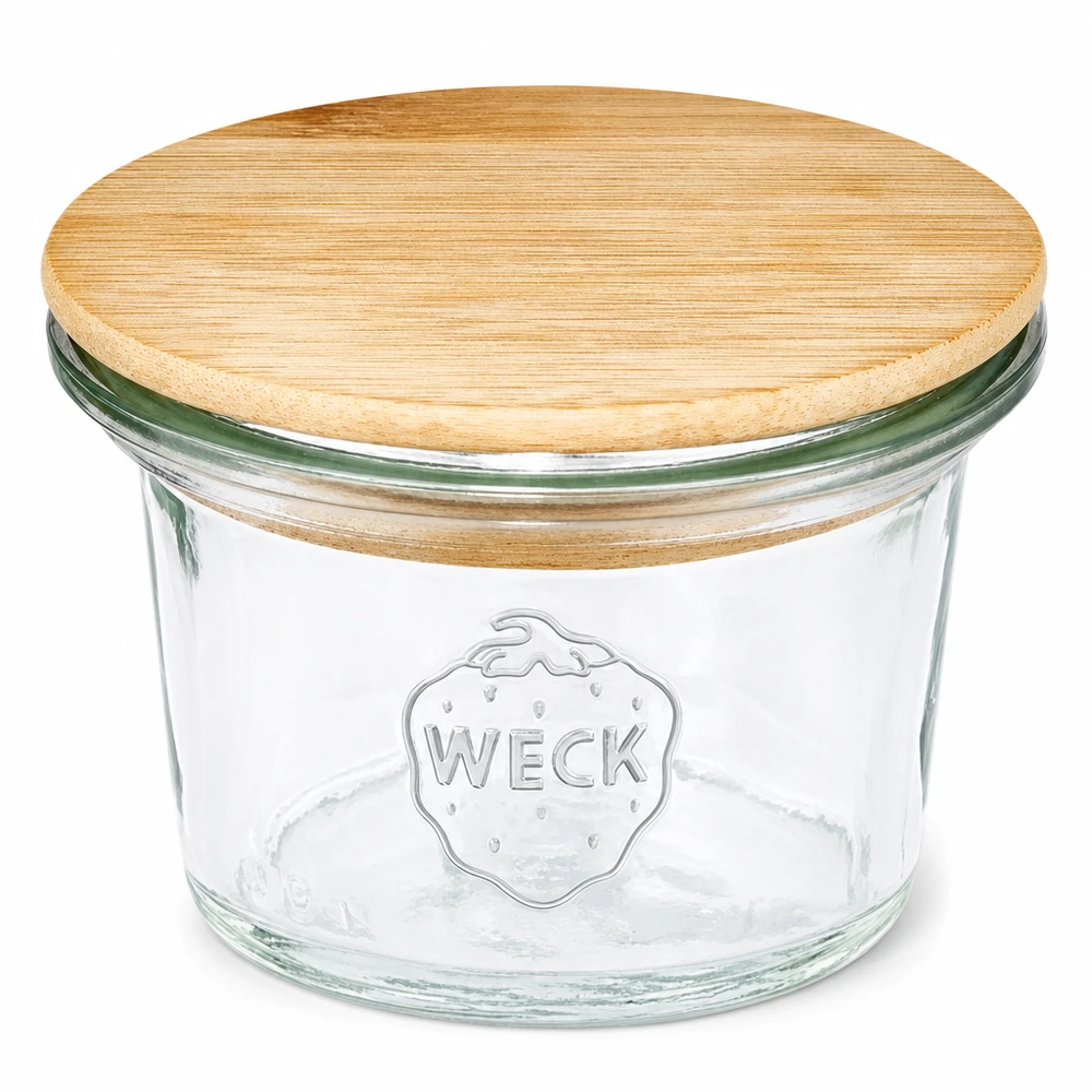 Tarro mini WECK RR40 de 35 ml con tapa de madera WECK 35ml RR40 mason jar con tapa de madera de bambú Mini mason jar transparente con logotipo WECK