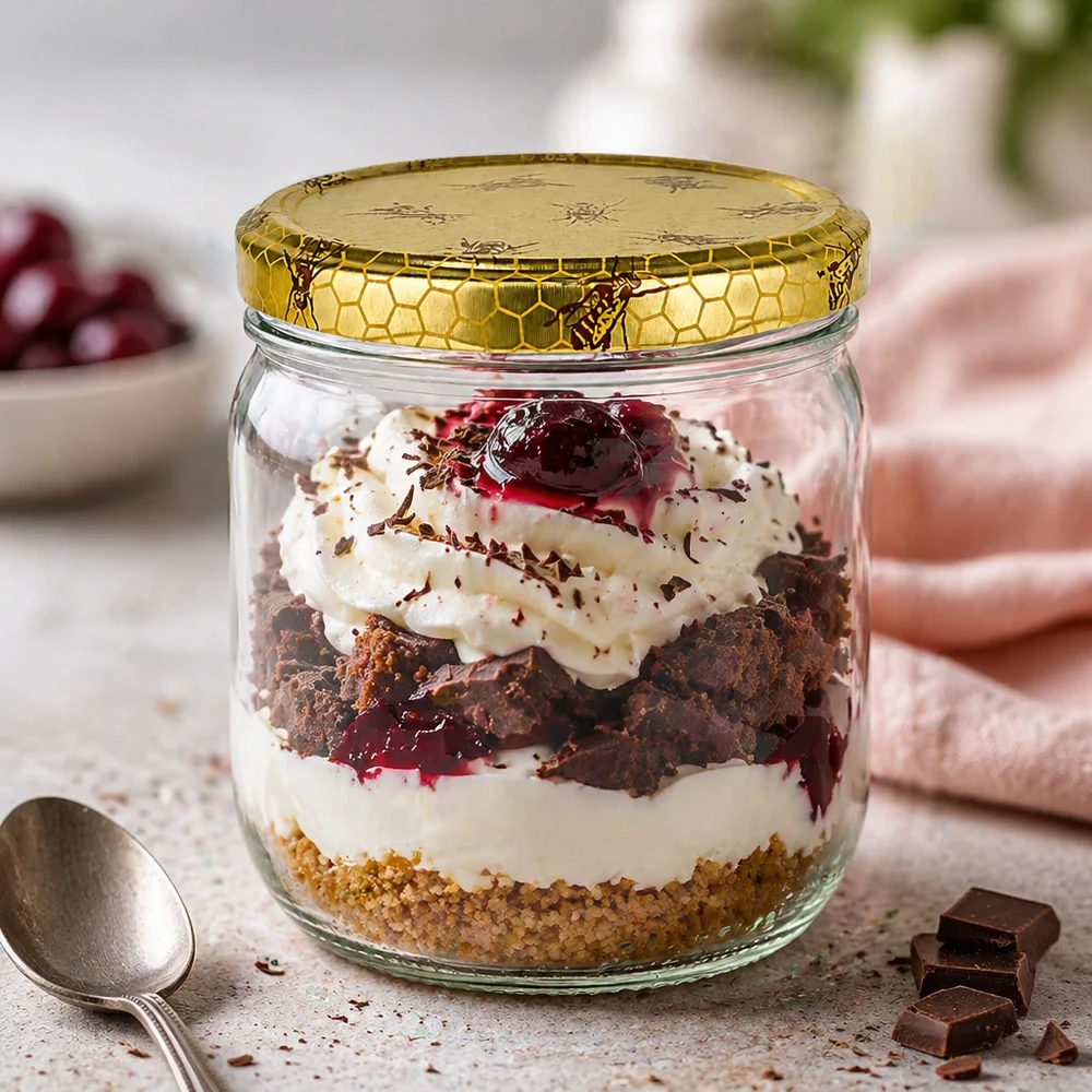 Tarro para miel de 500 g con tapa con diseño de panal BasicSeal UNiTWIST Tarro de miel de 500 g como tarro de postre para trifle de chocolate y cerezas con nata y tapa de panal dorado