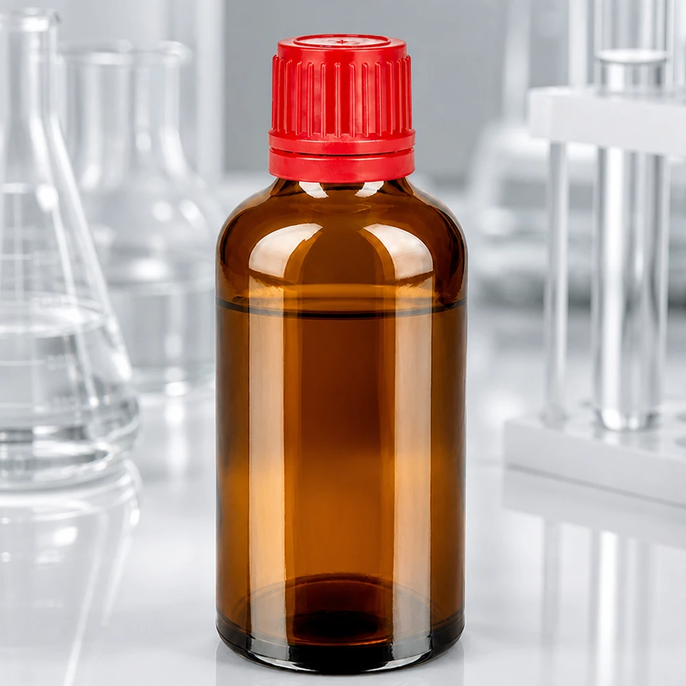 Frasco de vidrio BrownLine de 50 ml con rosca UT18 y tapón rojo inviolable para uso en laboratorio