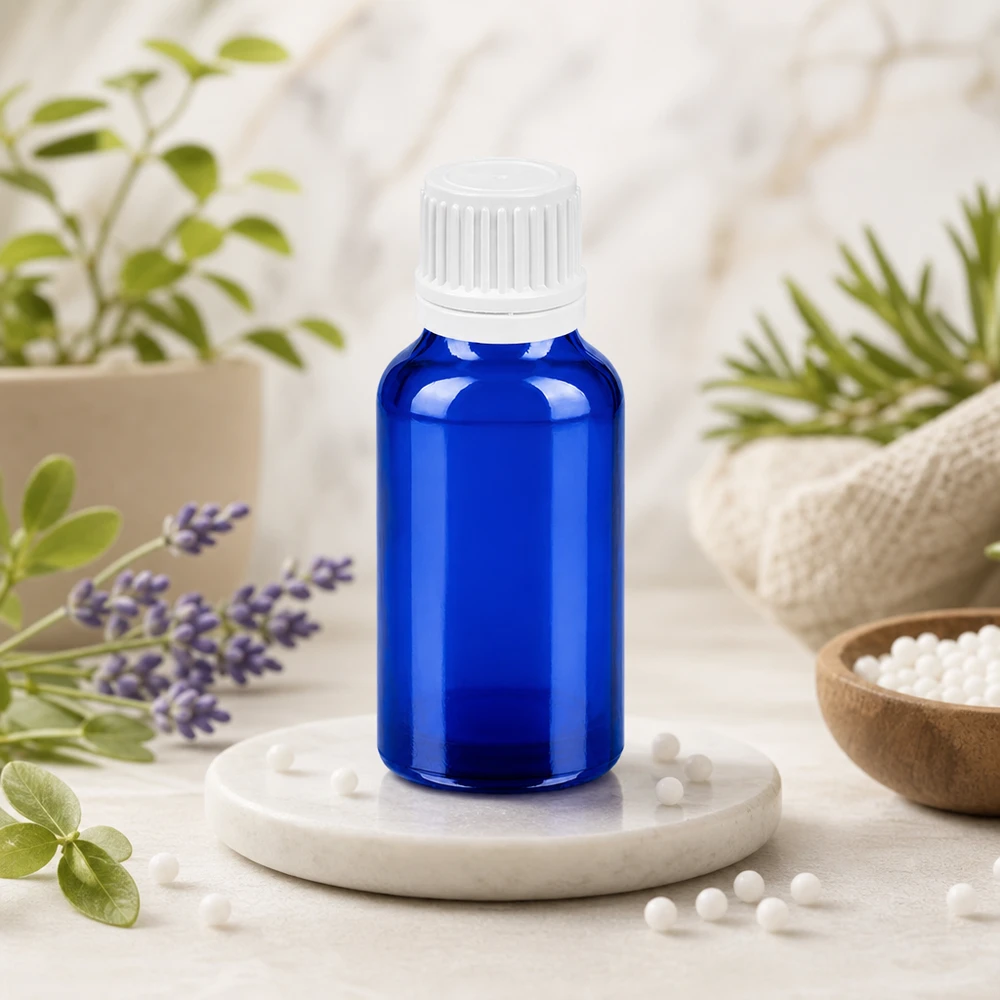 Botella 20ml 11mm tapón rosca blanco cierre inviolable BlueLine UT18/20 Frasco de vidrio BlueLine de 20 ml con tapón de rosca de 11 mm para aceites esenciales y aromaterapia