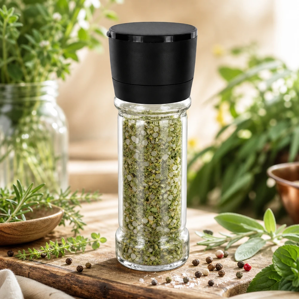 Frasco para sal y especias de 100 ml con molinillo Vario negro Frasco de sal con hierbas de 100 ml con molinillo Vario negro, lleno de hierbas verdes, sobre una tabla de madera