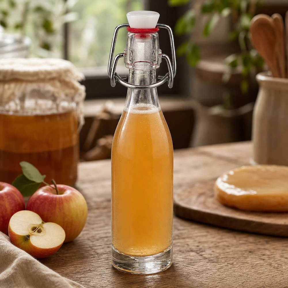 Botella de cristal de 50 ml con tapón oscilante llena de zumo de manzana junto a manzanas frescas en una mesa rústica de madera