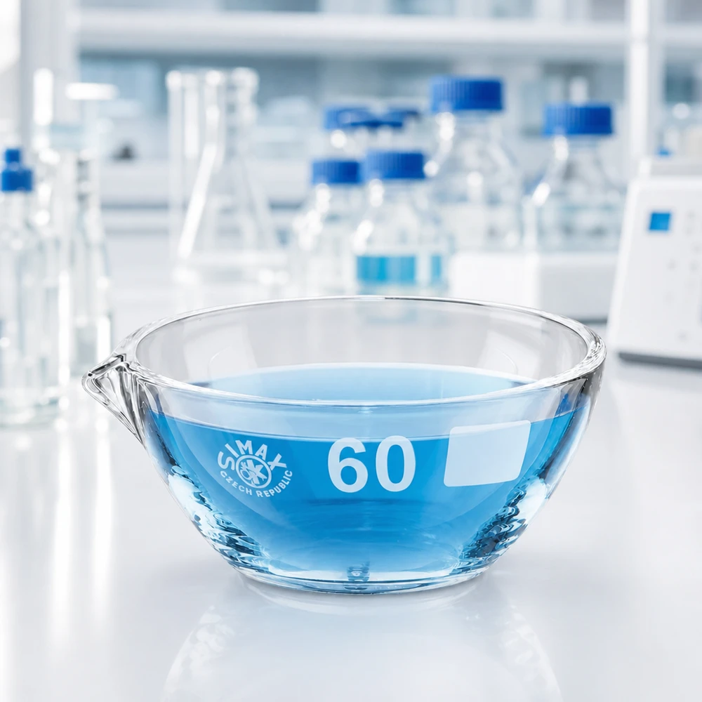 Plato de evaporación 45ml con pico borosilicato ø60mm Placa de evaporación compacta de 45 ml con pico de vidrio de borosilicato de ø60 mm para procesos de laboratorio eficaces