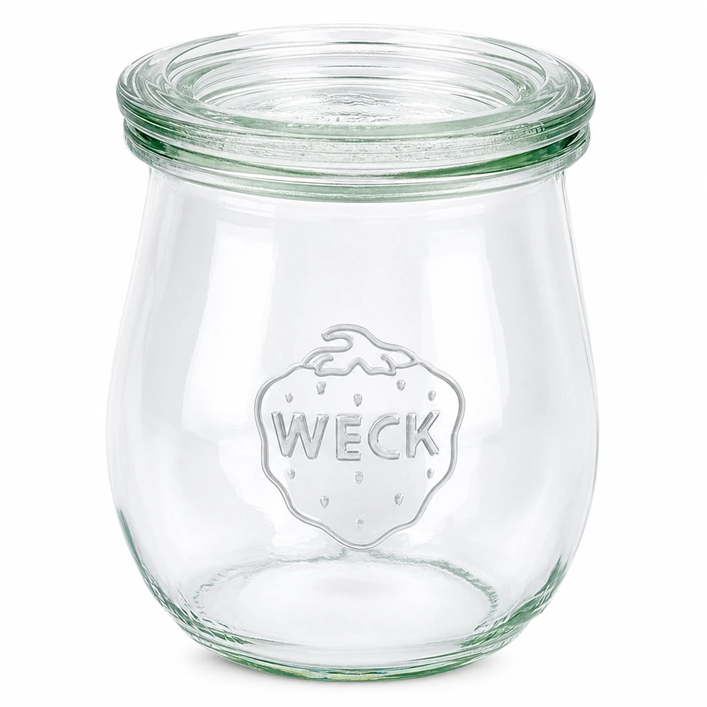 Tarro de cristal con forma de tulipa de 220 ml con tapa de cristal WECK RR60 WECK tarro tulipán 220ml con tapa de cristal RR60 tarro de conserva transparente vacío sobre fondo blanco