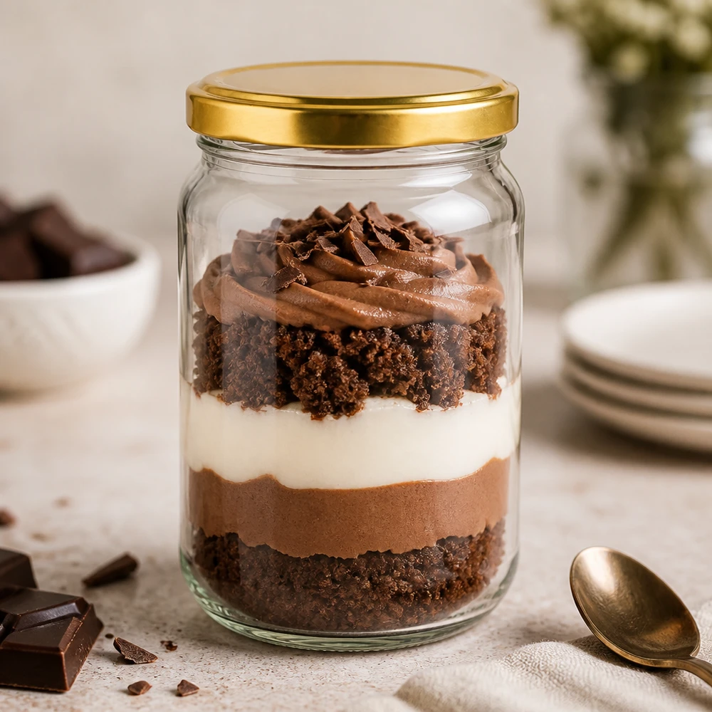 Tarro redondo dorado BasicSeal UNiTWIST de 305 ml relleno de postre de chocolate - tarro de conserva para postres dulces y trifles
