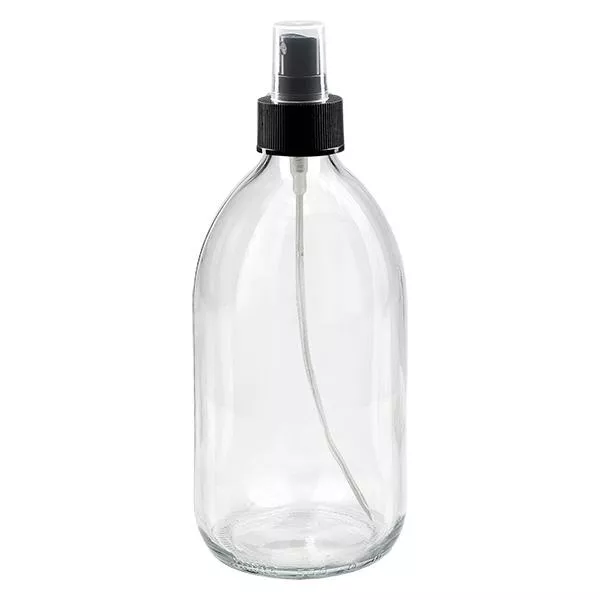Frasco medicamento 500ml transparente, con bomba atomizadora negra ApoGlas Frasco medicamento 500ml transparente, con bomba atomizadora negra ApoGlas