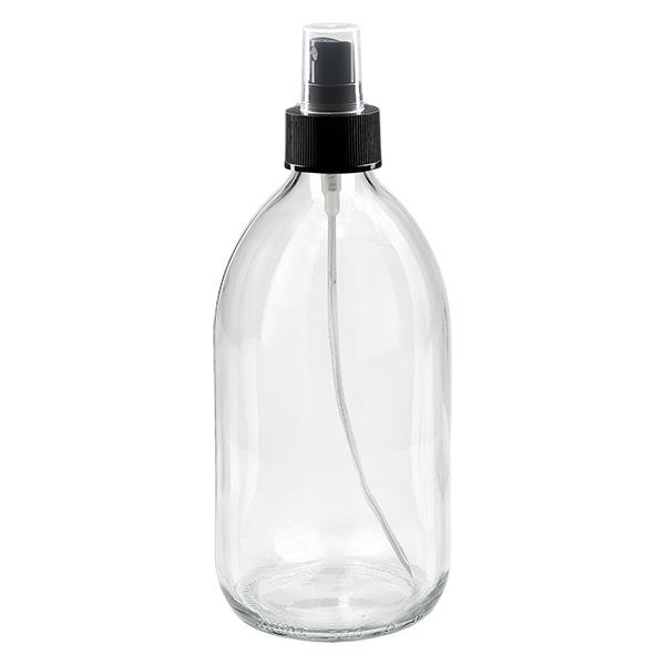 Frasco medicamento 500ml transparente, con bomba atomizadora negra ApoGlas Frasco medicamento 500ml transparente, con bomba atomizadora negra ApoGlas