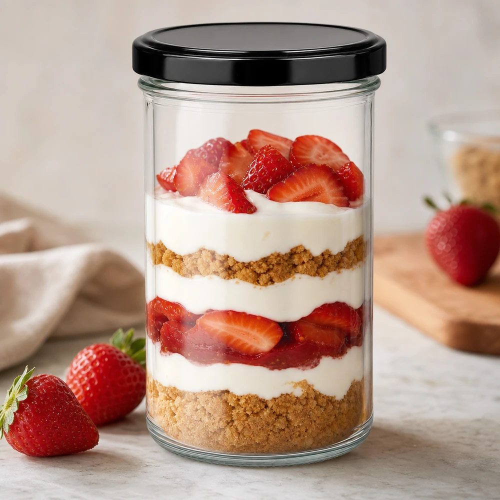 Vasos de 277 ml como tarro de postre para tiramisú de fresa con tapa BasicSeal postre negro a capas en tarro