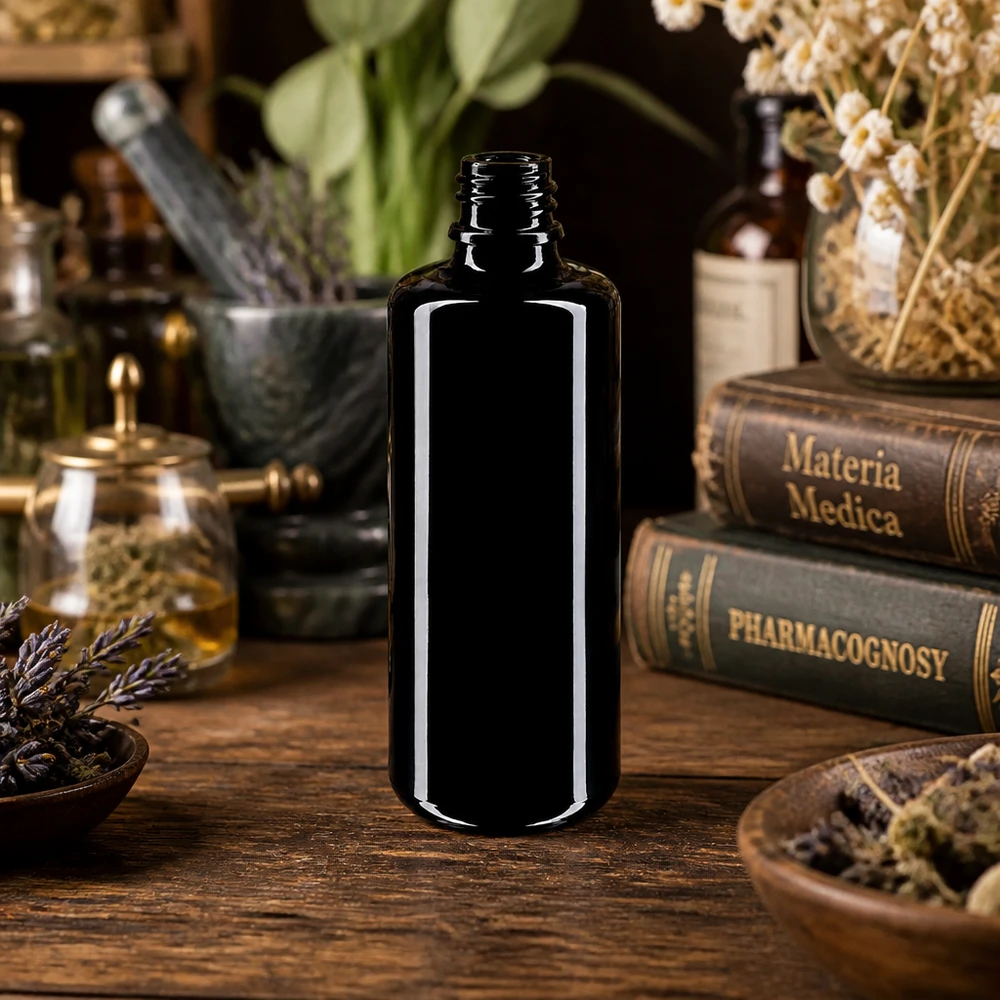 Frasco de vidrio violeta Orion de 100 ml de alta calidad fabricado con material Miron para cosmética natural y aromaterapia