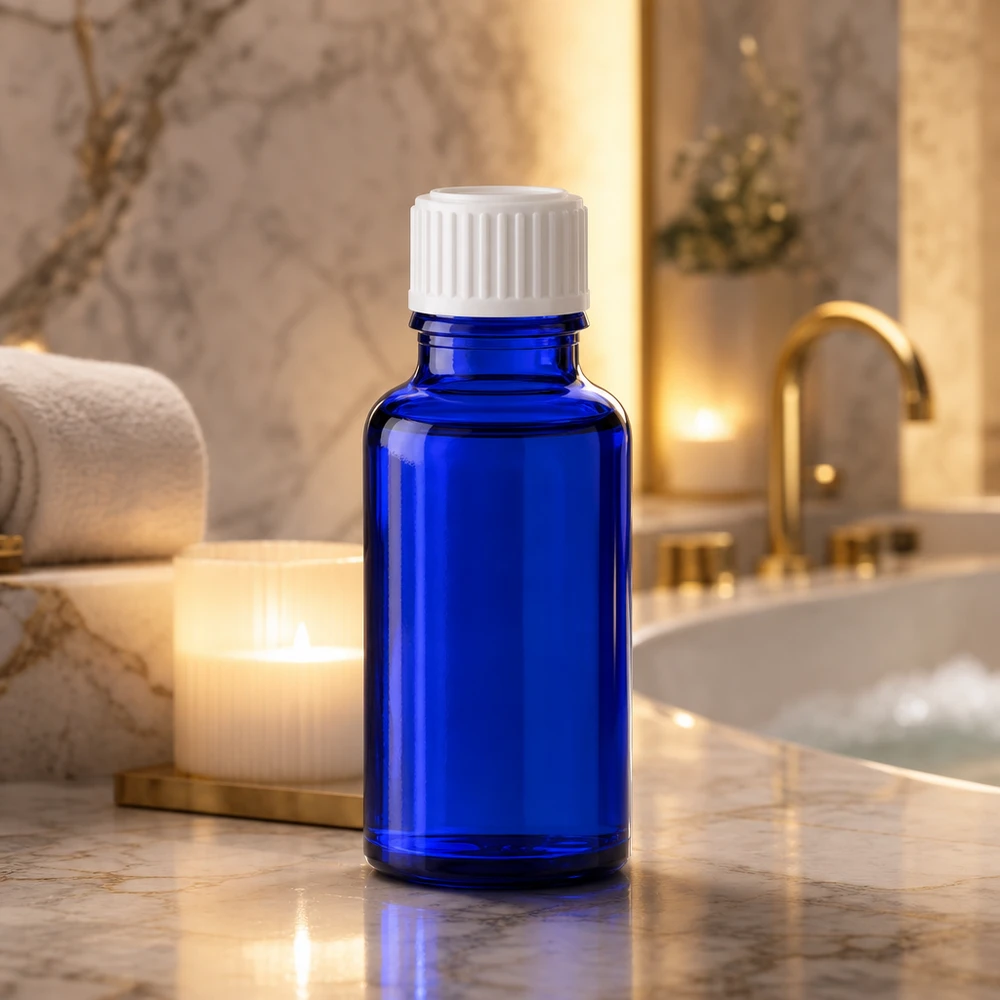 Frasco de cristal azul cobalto de 20 ml con tapón blanco sobre un fondo de mármol en un lujoso cuarto de baño