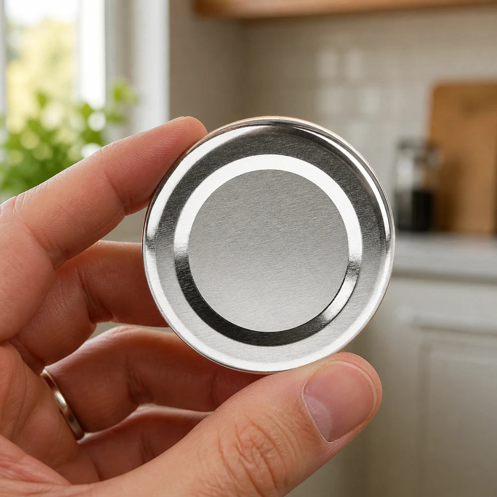Tapa metálica UNiTWIST TO48 plateada de 48 mm, sostenida con la mano, fondo de cocina