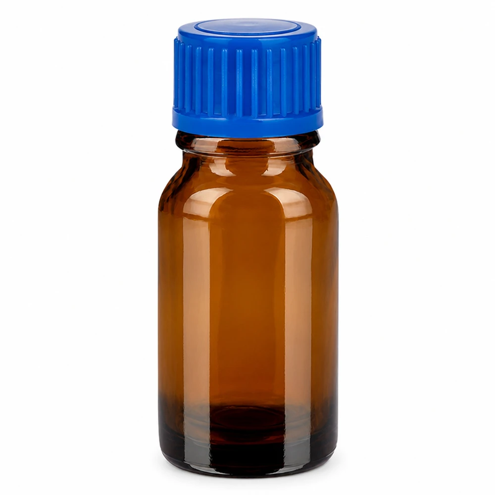 Frasco de vidrio marrón de 10 ml con tapón de rosca azul para medicamentos y cosméticos