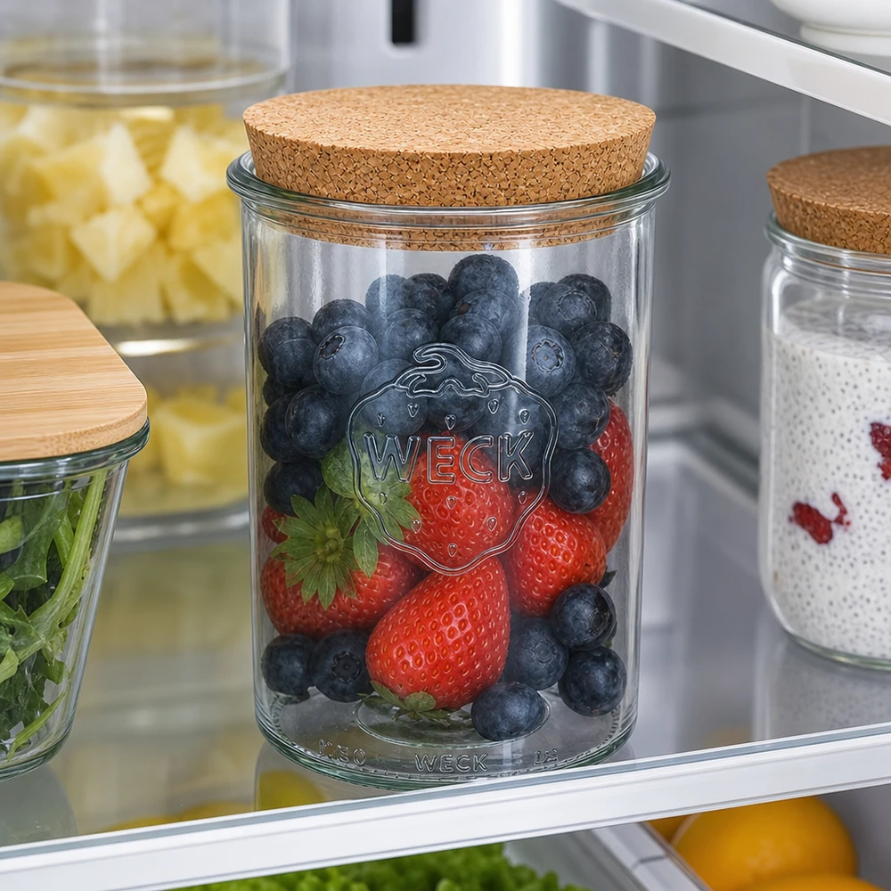 WECK Sturzglas 1000ml RR100 mit Korkdeckel im Kühlschrank gefüllt mit frischen Beeren stylische Aufbewahrung Vorratsglas
