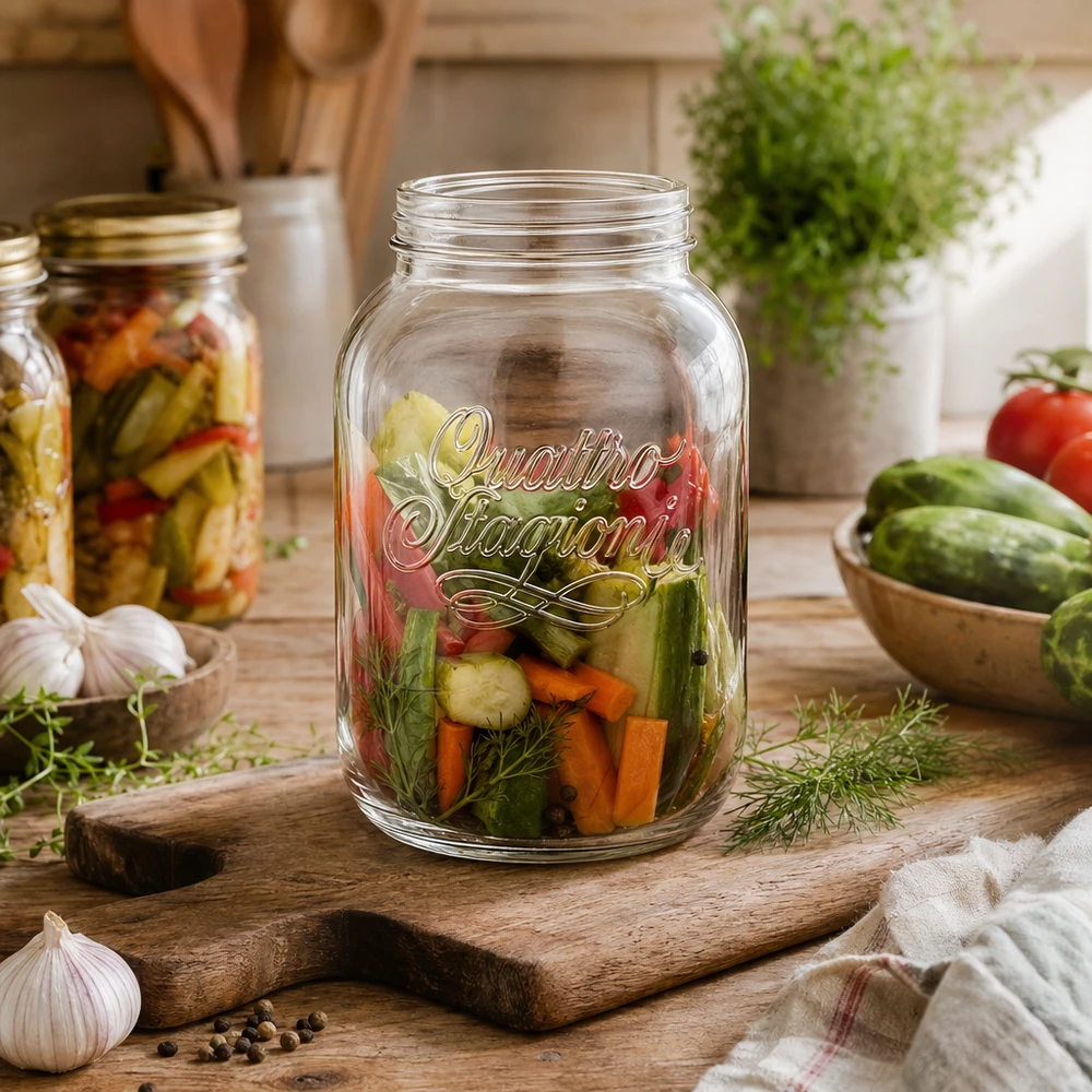 Tarro de conserva Quattro Stagioni de 3000 ml con verduras en escabeche sobre una tabla de madera en una cocina rústica