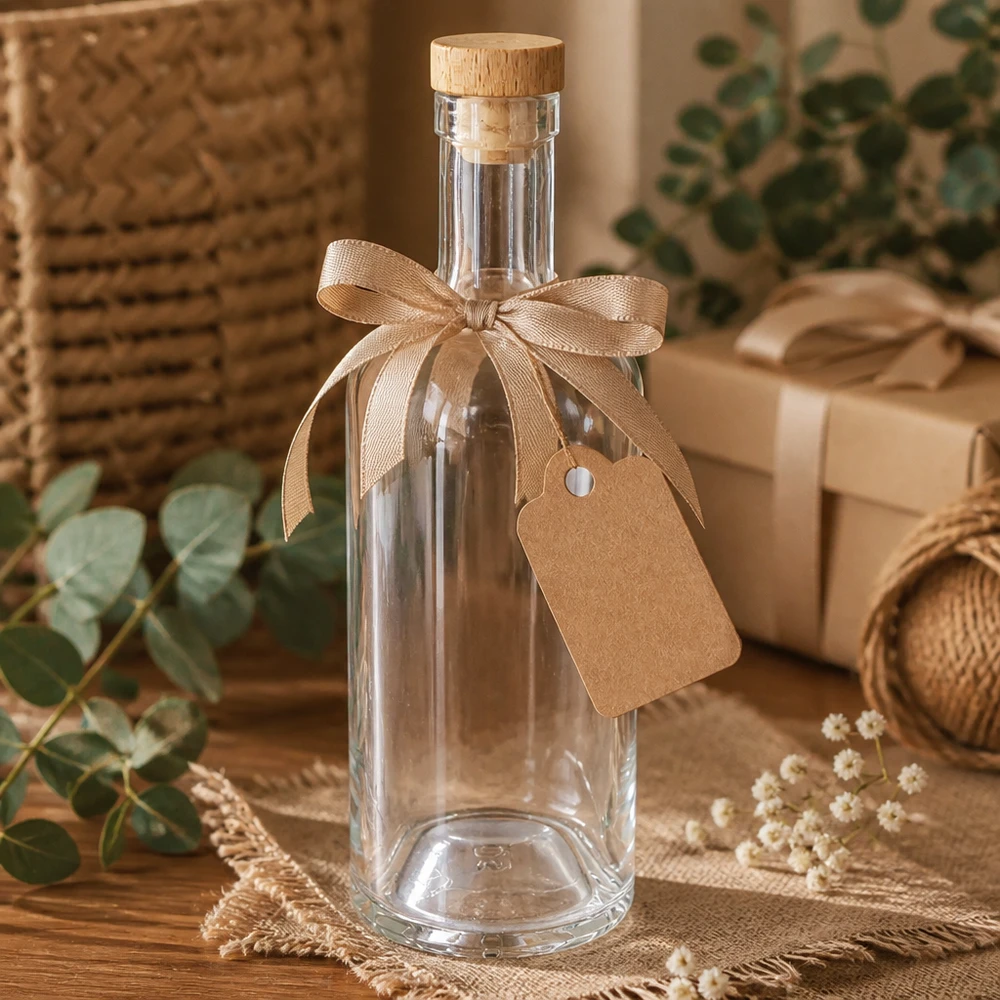 Botella de cristal Emma de 750 ml en envase de regalo con lazo beige y etiqueta en un entorno decorativo natural
