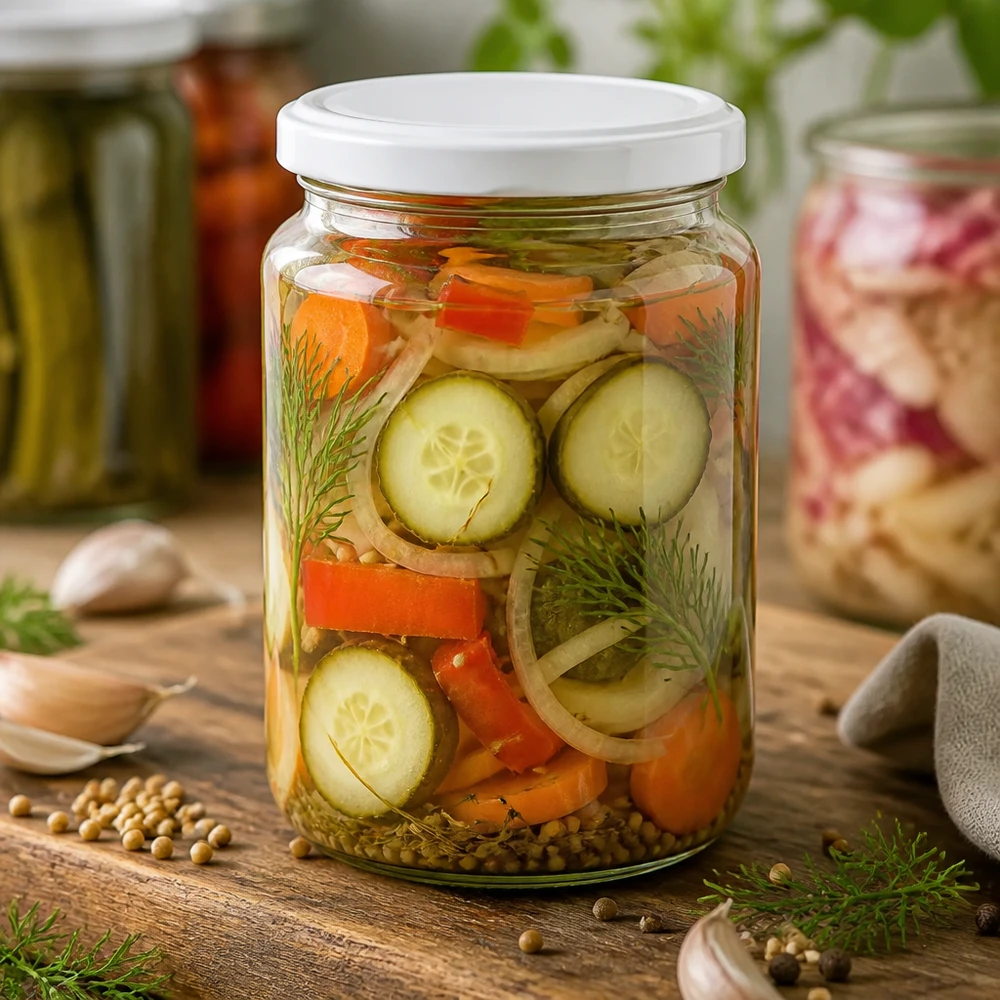 Tarro redondo 795ml con tapa BasicSeal blanco UNiTWIST 795ml Rundglas gefüllt mit eingelegtem Gemüse zeigt praktische Verwendung für Konservierung und Meal Prep