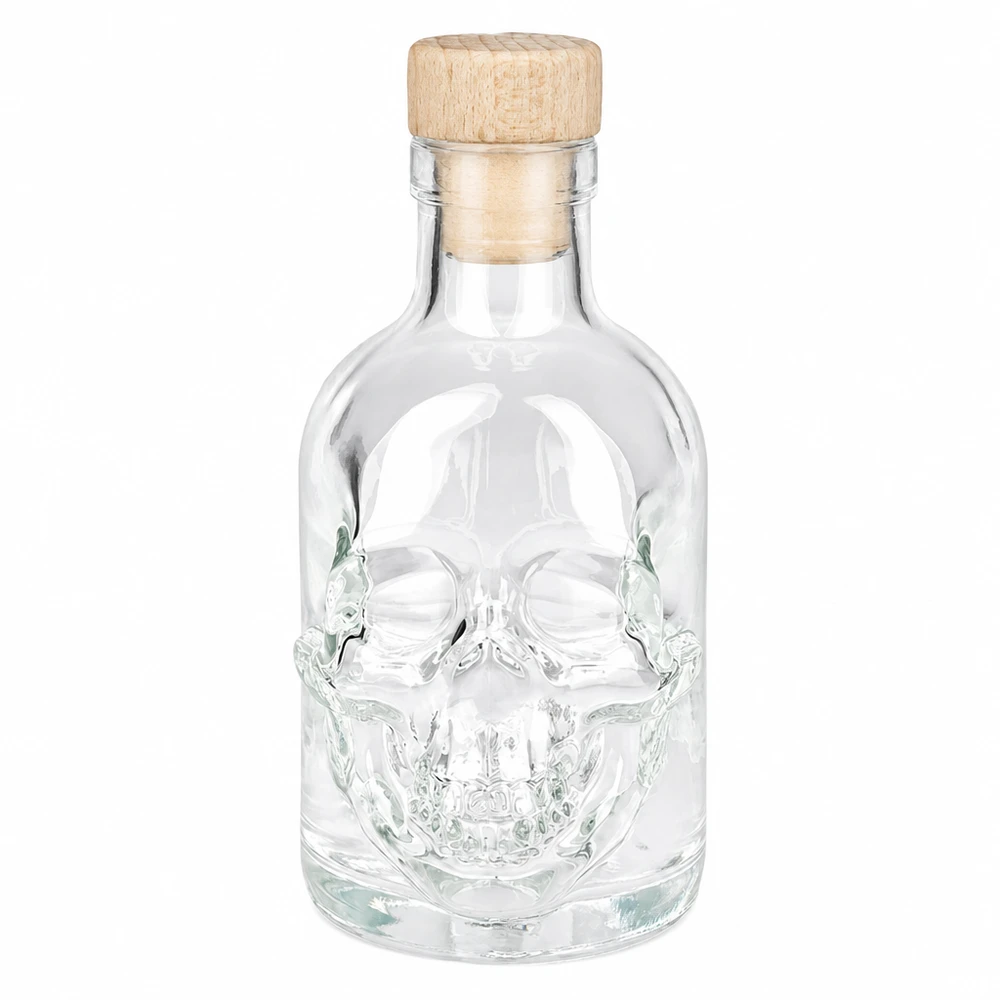 Botella de cristal Jack de 200 ml con diseño de calavera y tapón de madera, botella de licor vacía con tapón de rosca