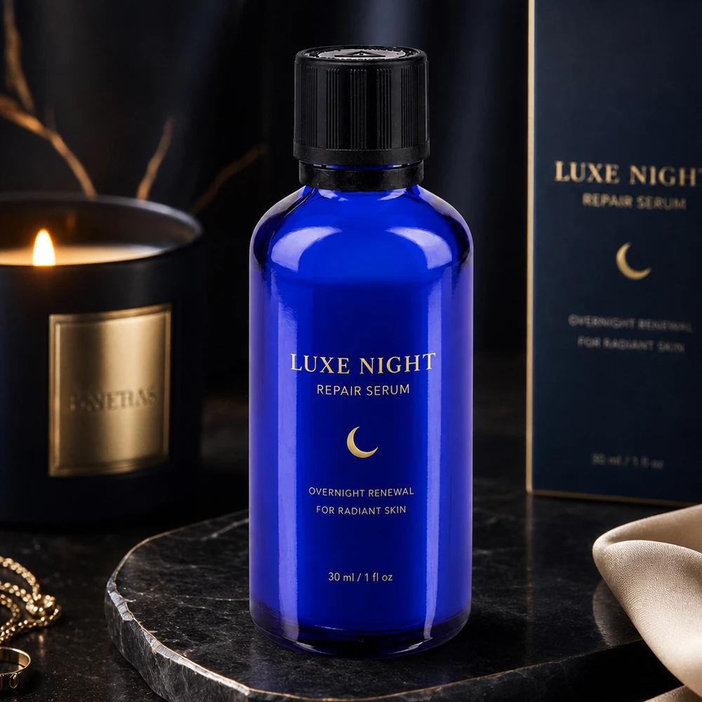 Frasco de cristal azul de 50 ml con tapón de rosca negro, ante un fondo lujoso y oscuro con una vela y una caja de regalo