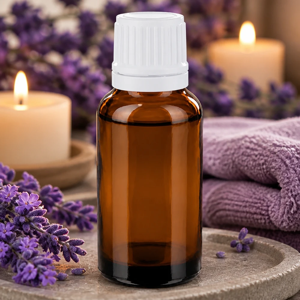 Pequeño frasco cuentagotas de vidrio ámbar de 20 ml con tapón de seguridad blanco para aceites esenciales