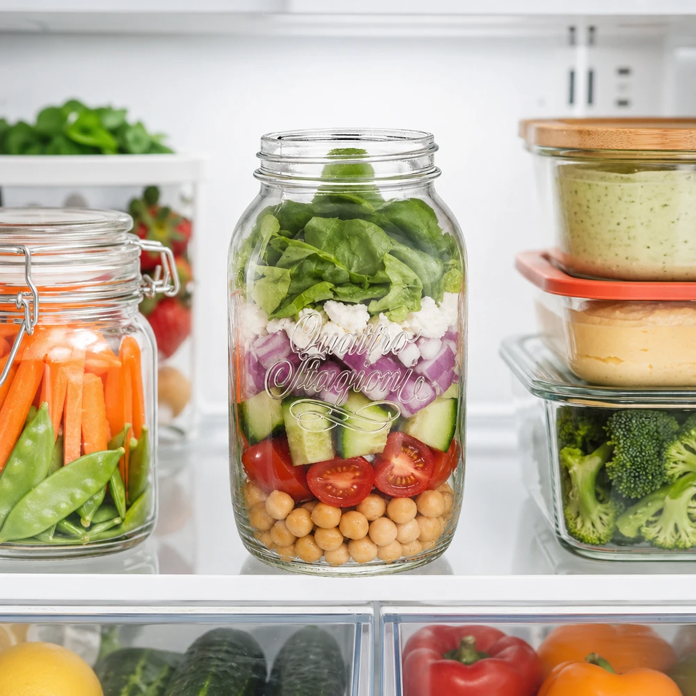 Vaso redondo 1500ml "Quattro Stagioni" QS86mm Tarro doméstico Quattro Stagioni de 1500 ml lleno de ensalada en capas en el frigorífico junto a otros tarros con verduras