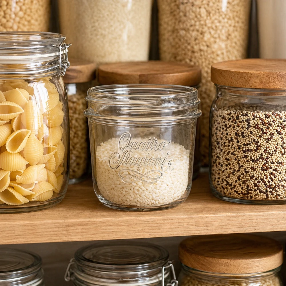 Tarro de joyería Quattro Stagioni de 200 ml lleno de arroz en almacenamiento organizado con otros tarros de almacenamiento