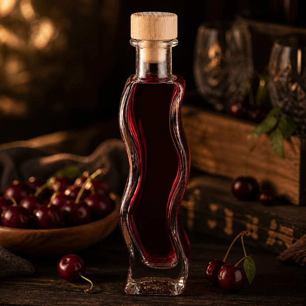Botella de vidrio de 100 ml de Melissa llena de licor de cereza roja corcho de madera cerezas frescas cocina acogedora atmosférica