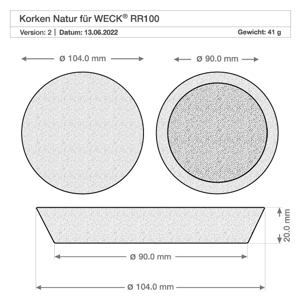 Vaso WECK RR100 de 580ml con corcho natural Dibujo técnico WECK corcho natural para tarro RR100 con dimensiones diámetro 104mm y 90mm altura 20mm