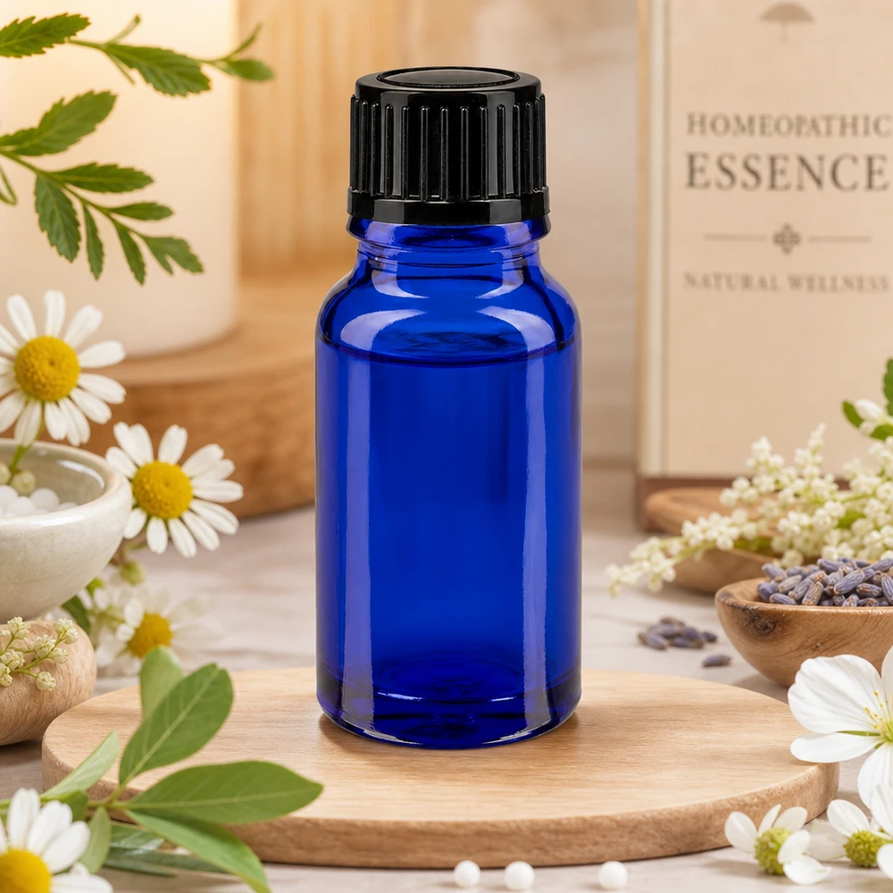 Esencias homeopáticas en frasco de cristal azul de farmacia de 10 ml con boquilla cuentagotas de 1 mm