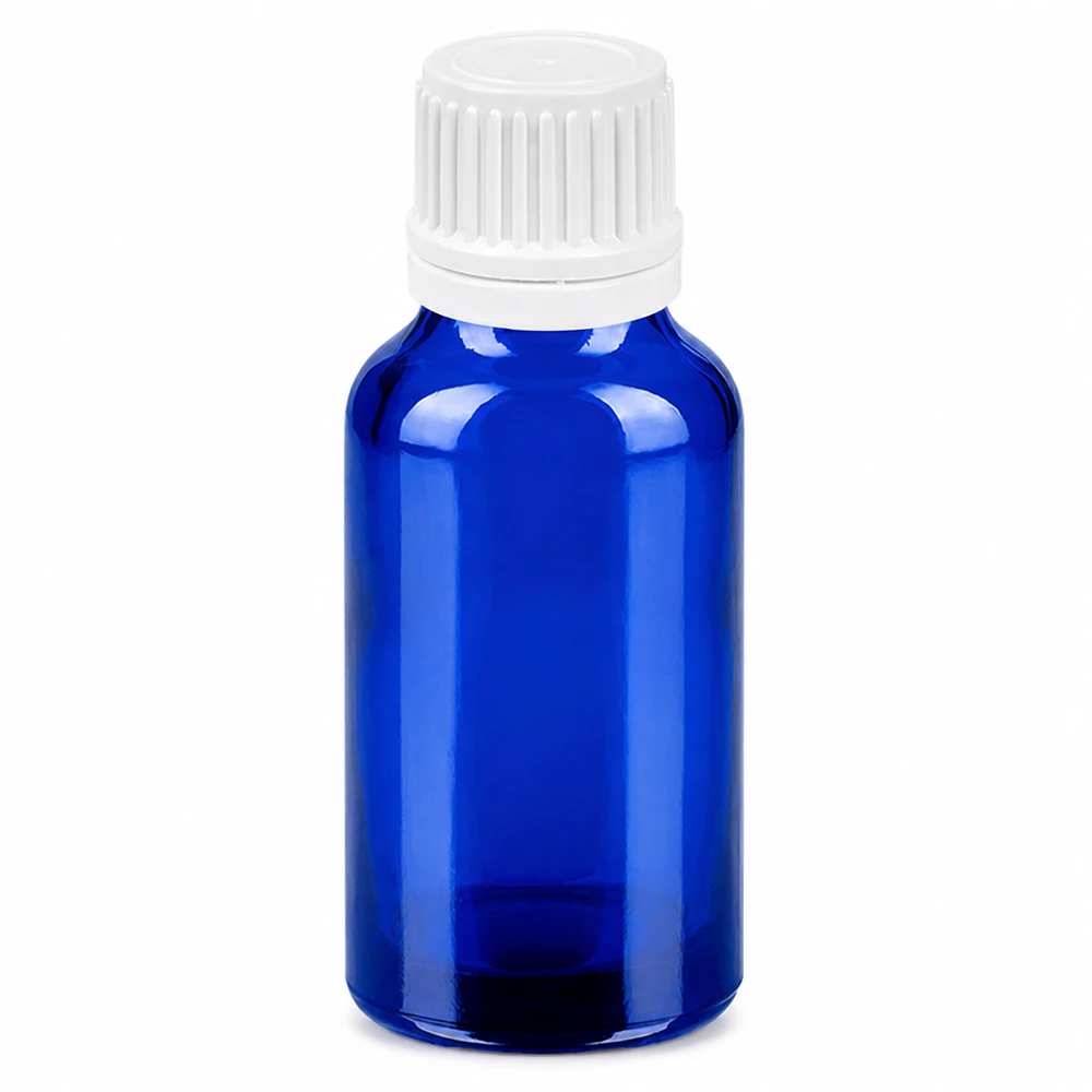 Frasco de vidrio azul de 20 ml con tapón de rosca blanco para aceites esenciales y cosméticos