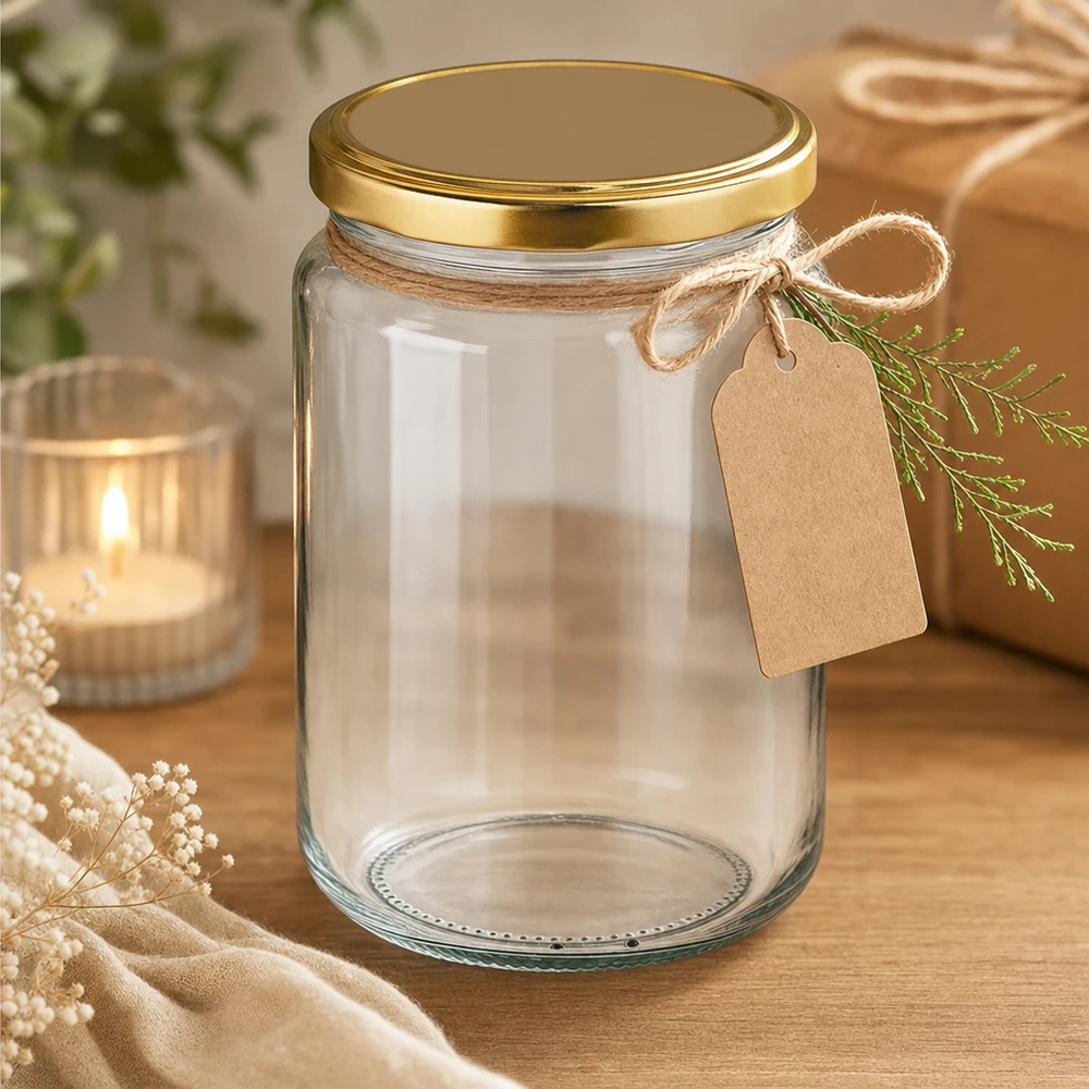 Tarro redondo de 382ml con tapa BasicSeal dorada UNiTWIST Tarro redondo de 382 ml con tapa dorada UNiTWIST decorado con etiqueta de regalo y cordón de yute