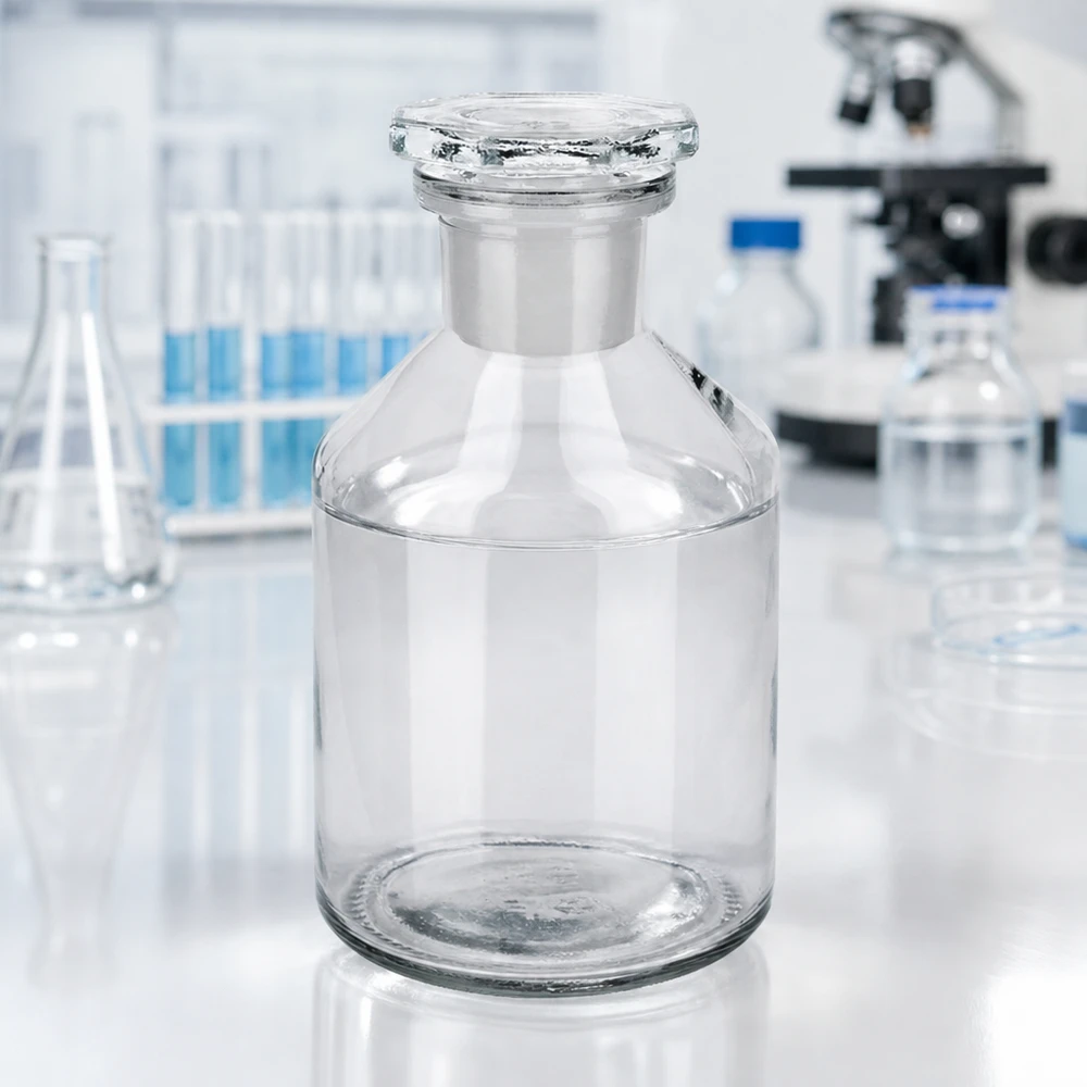 Frasco de cuello estrecho de 50 ml, transparente, sobre una mesa de laboratorio blanca con un microscopio al fondo
