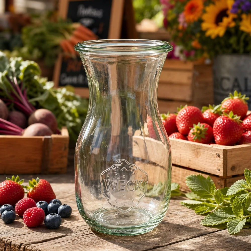 Botella para zumo WECK RR60 de 290 ml Botella de zumo WECK de 290 ml RR60 sobre una mesa de madera rodeada de fresas y hierbas frescas al estilo del mercado de agricultores