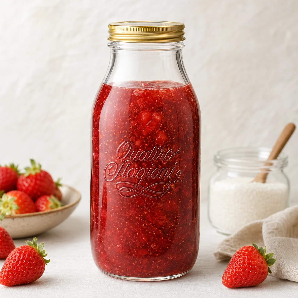 Frasco de cristal de 1000ml "Quattro Stagioni" con tapa Quattro Stagioni Frasco de cristal de 1000 ml relleno de mermelada de fresa, rodeado de fresas frescas y vaso de leche