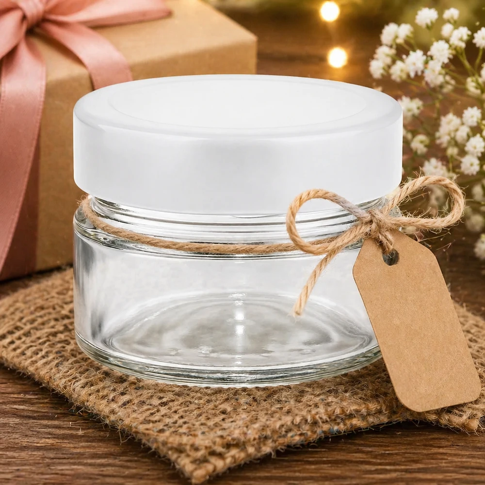 Tarro redondo de 80 ml con tapa blanca presentado decorativamente con embalaje de regalo y banderola de cuerda de yute