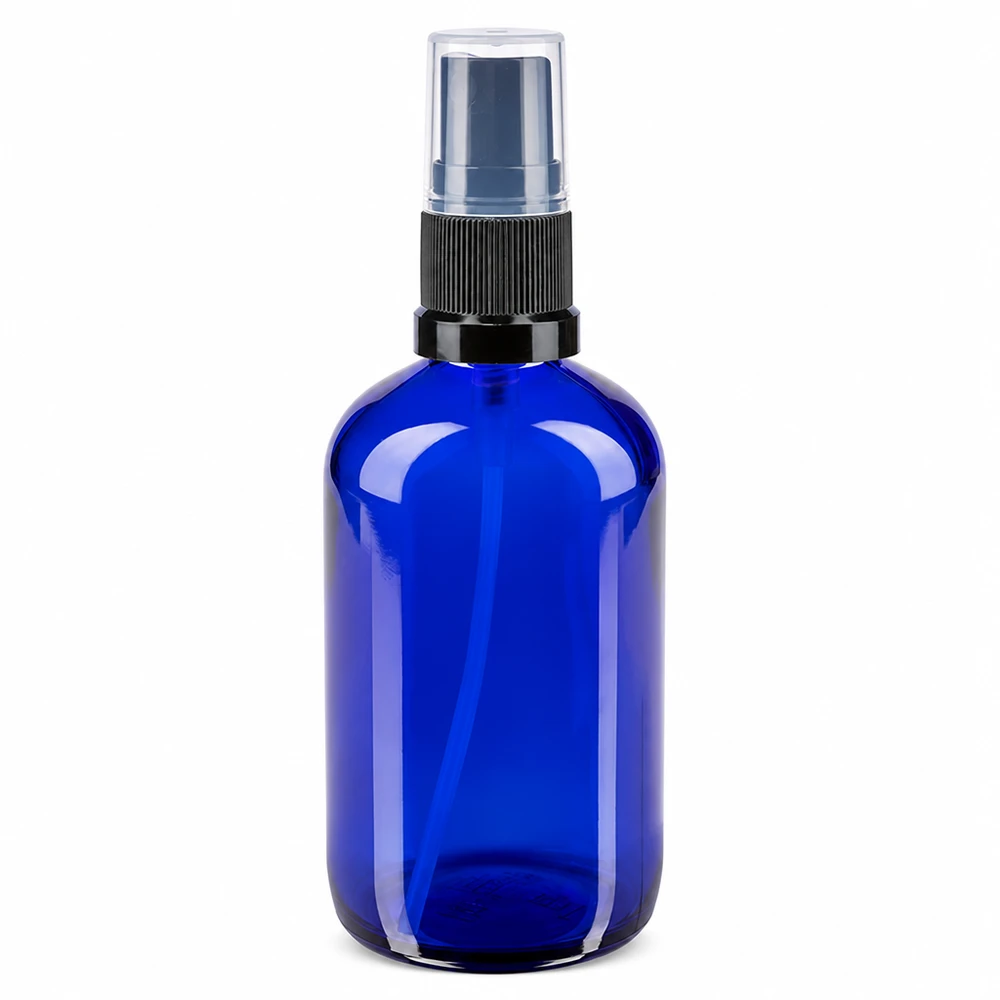 Frasco pulverizador de cristal azul de 100 ml con pulverizador negro y tapón protector transparente, fabricado en cristal de farmacia