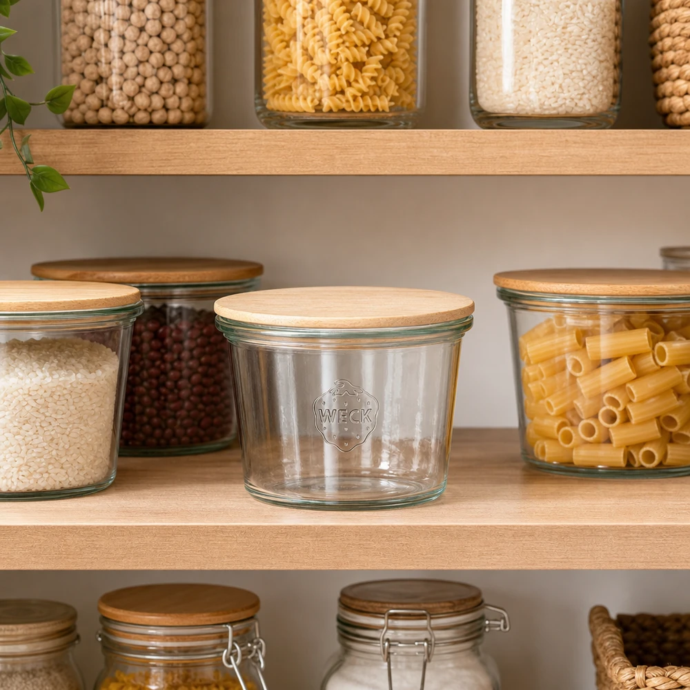 Tarro mini WECK RR60 de 50ml con tapa de madera WECK mini mason jar 50ml vacío en la cocina de almacenamiento organizado entre tarros llenos de pasta y legumbres