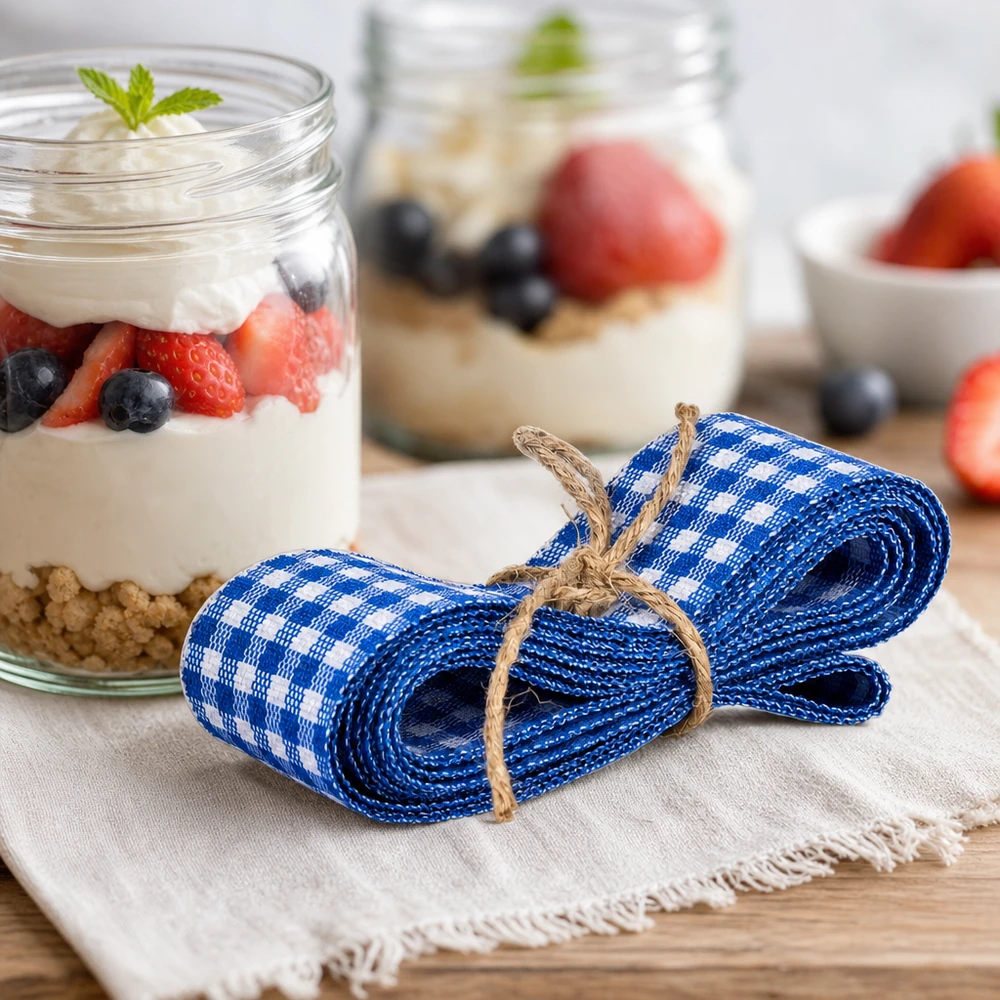 Cinta de tela a cuadros azules y blancos de 300 cm atada decorativamente junto a copas de postre con yogur y bayas