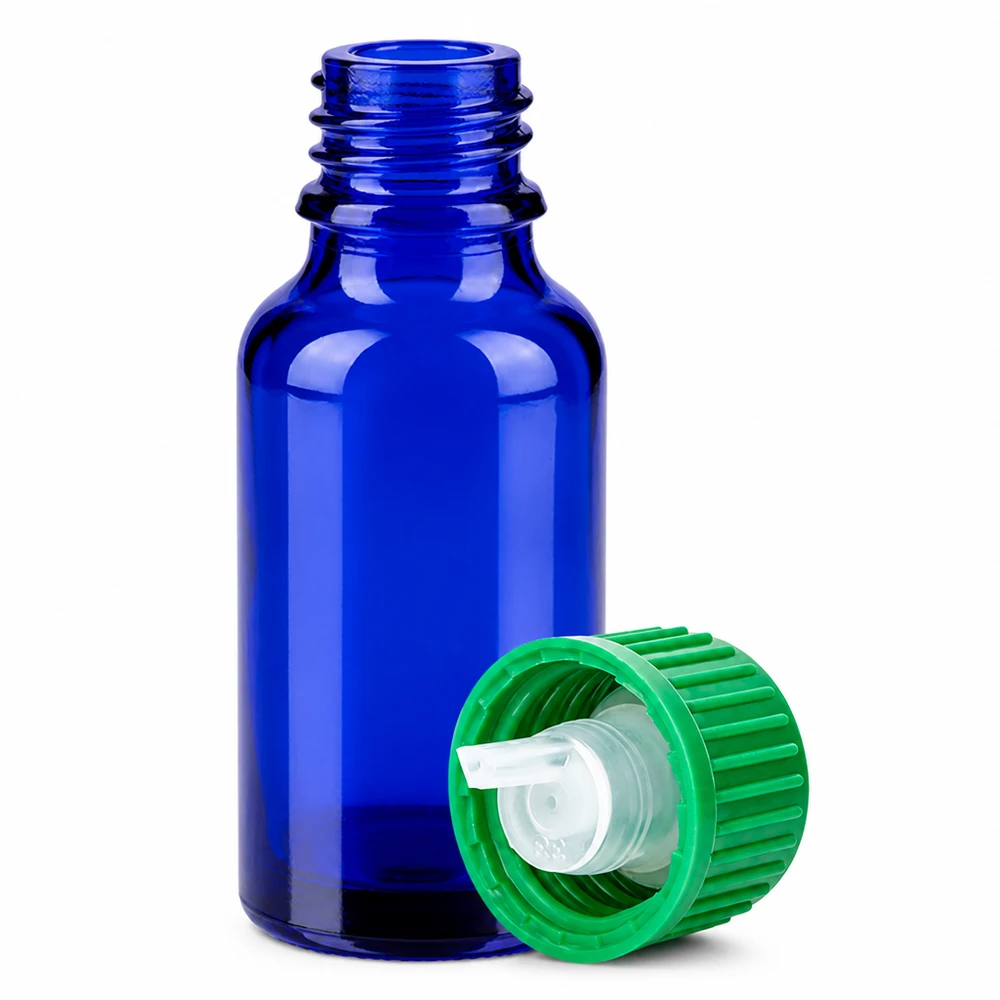 Frasco cuentagotas 20ml 0.8mm verde cierre estándar BlueLine UT18/20 Frasco cuentagotas de 20 ml de vidrio azul con abertura de 0,8 mm para dispensar gotas con precisión STD BlueLine UT18/20